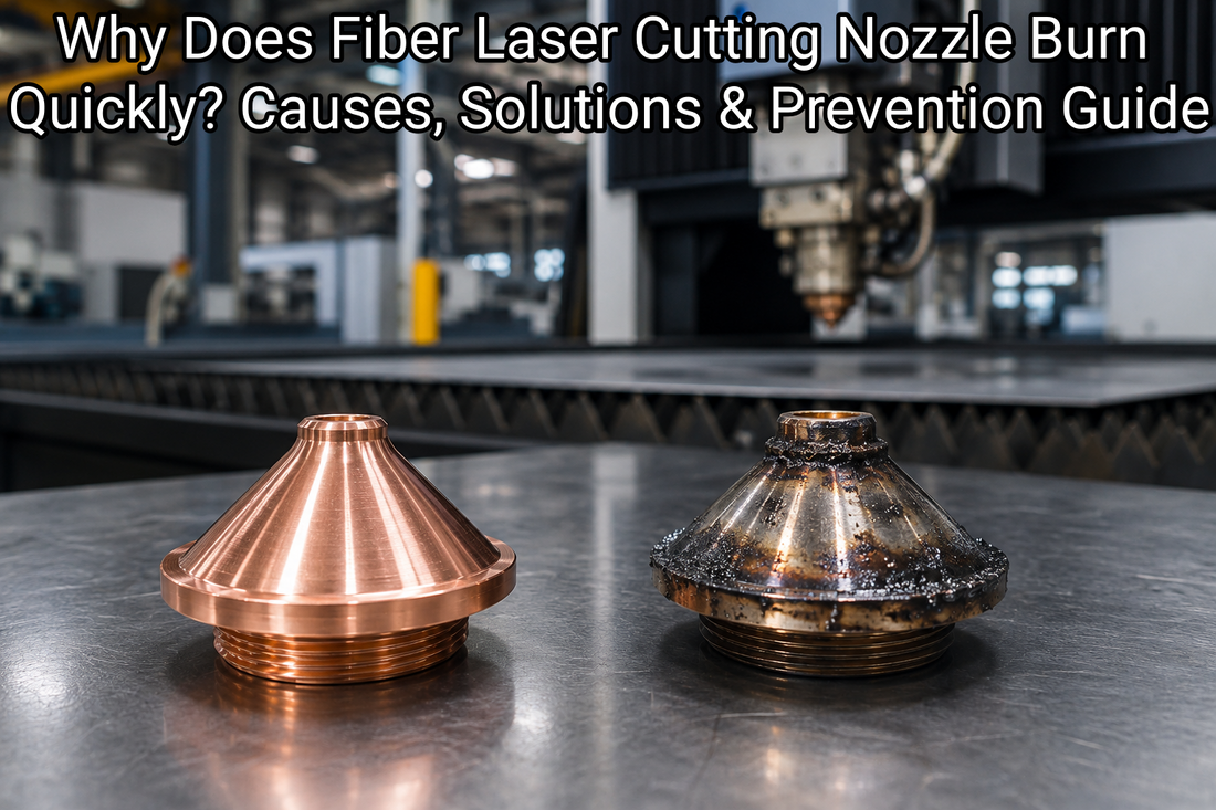 New and burned fiber laser cutting nozzles showing heat damage comparison.