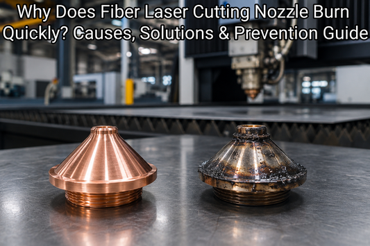 New and burned fiber laser cutting nozzles showing heat damage comparison.