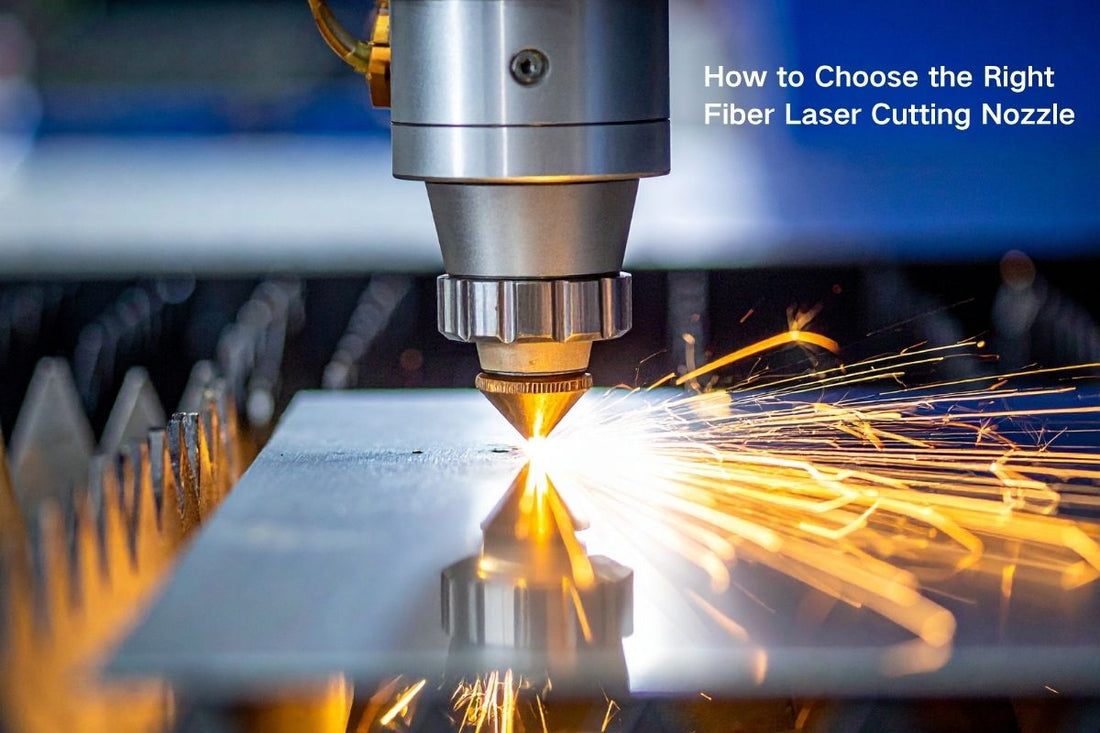 Fiber laser cutting nozzle in use, sparks flying from stainless steel cutting process