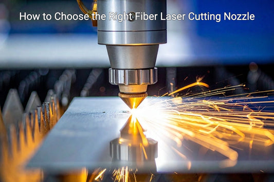 Fiber laser cutting nozzle in use, sparks flying from stainless steel cutting process