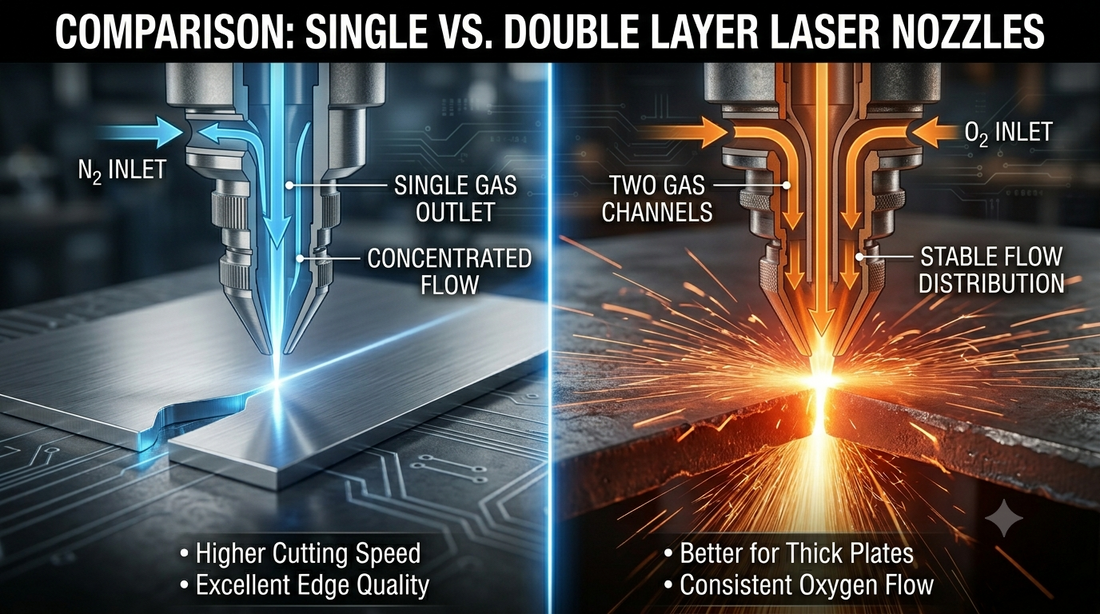 Comparison of single layer and double layer fiber laser cutting nozzles
